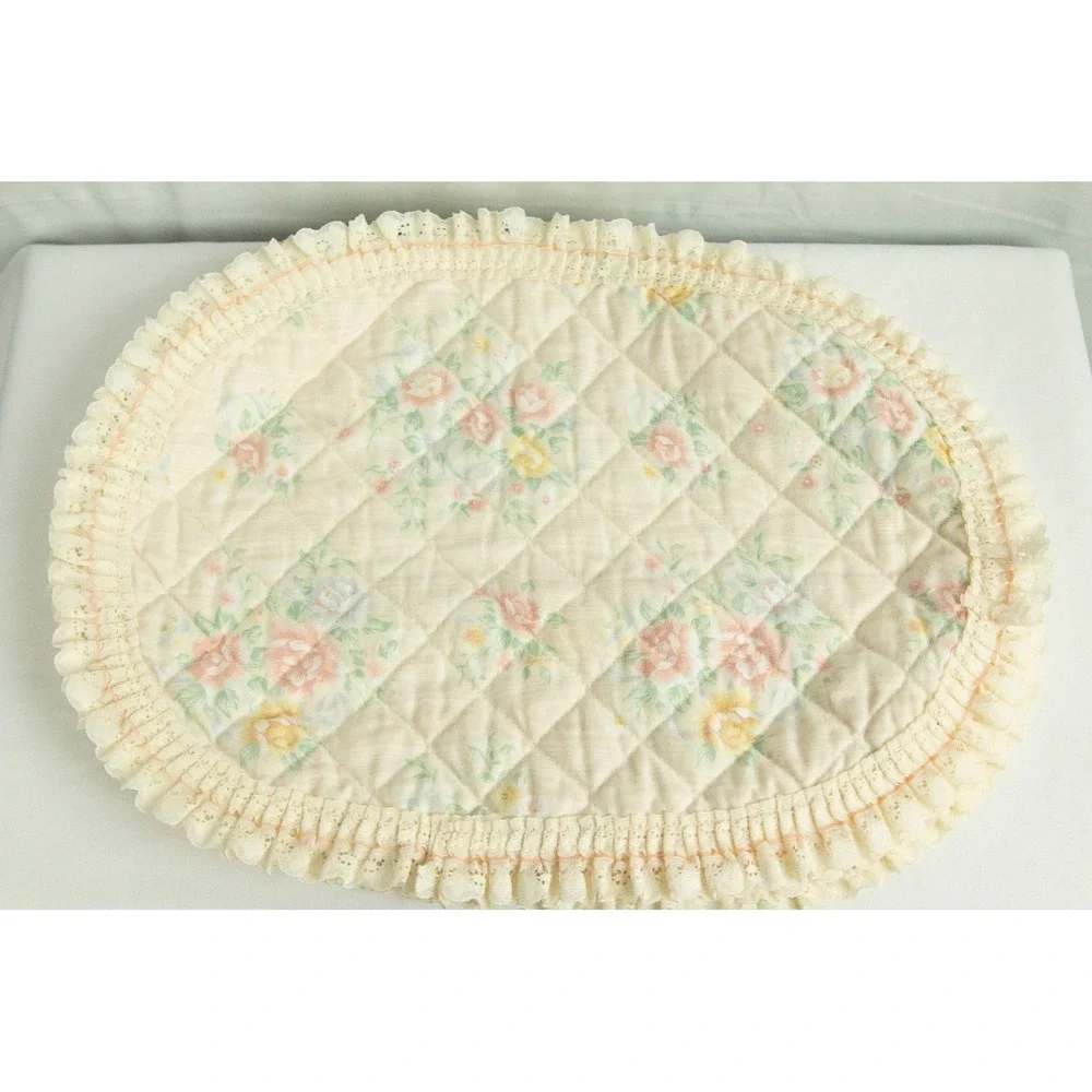 Vintage Floral Quilted Oval Placemat Cream Pastel Pink Yellow Lace Ruffle Trim